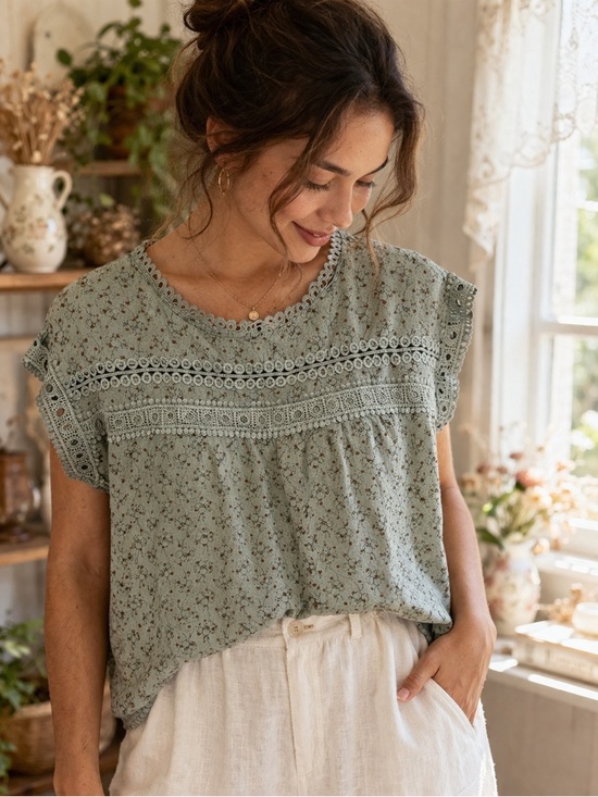 mine Tops - Mine Sage Green Floral Lace Trim Boho Blouse Top Size Large Cottagecore